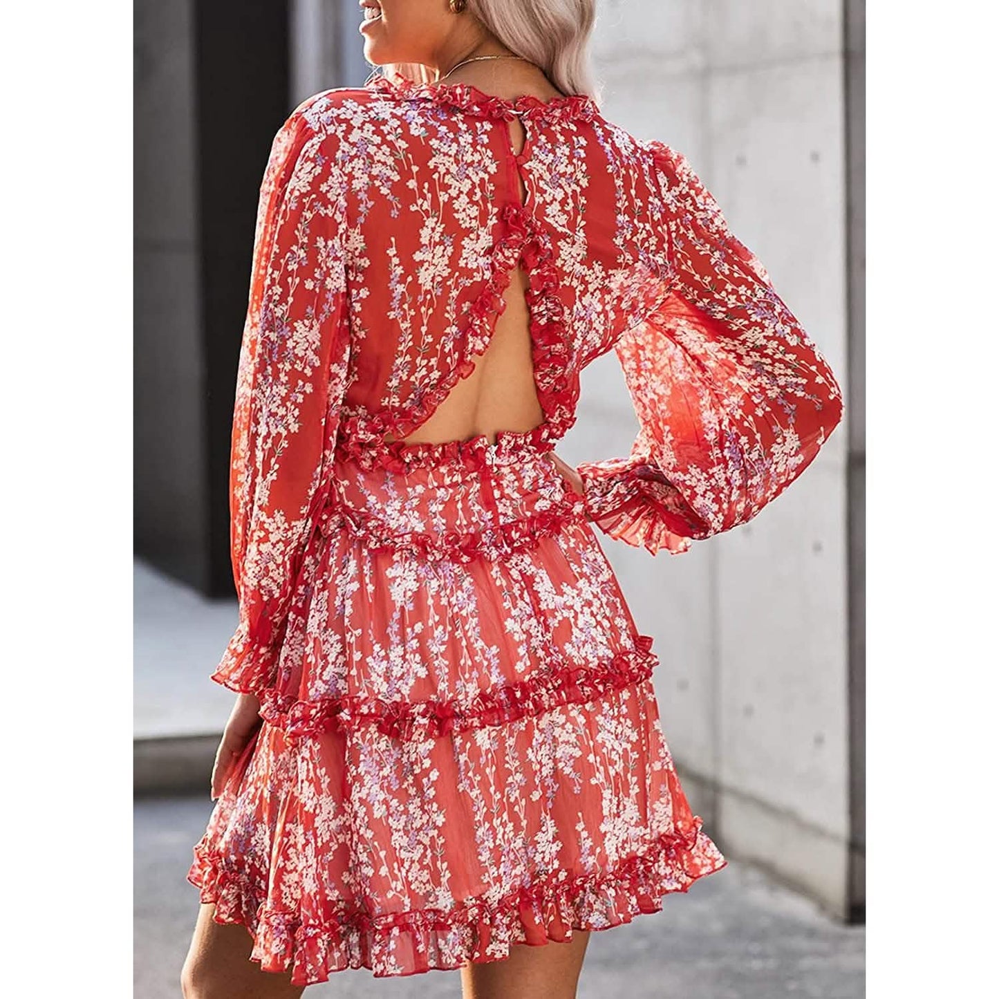Dokotoo Womens Spring Summer Deep V Neck Ruffle Long Sleeve Floral Print Mini Dress DailySale