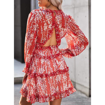 Dokotoo Womens Spring Summer Deep V Neck Ruffle Long Sleeve Floral Print Mini Dress DailySale