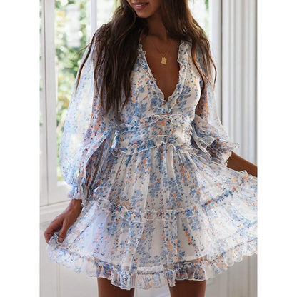 Dokotoo Womens Spring Summer Deep V Neck Ruffle Long Sleeve Floral Print Mini Dress DailySale