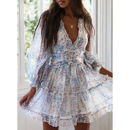 Dokotoo Womens Spring Summer Deep V Neck Ruffle Long Sleeve Floral Print Mini Dress DailySale