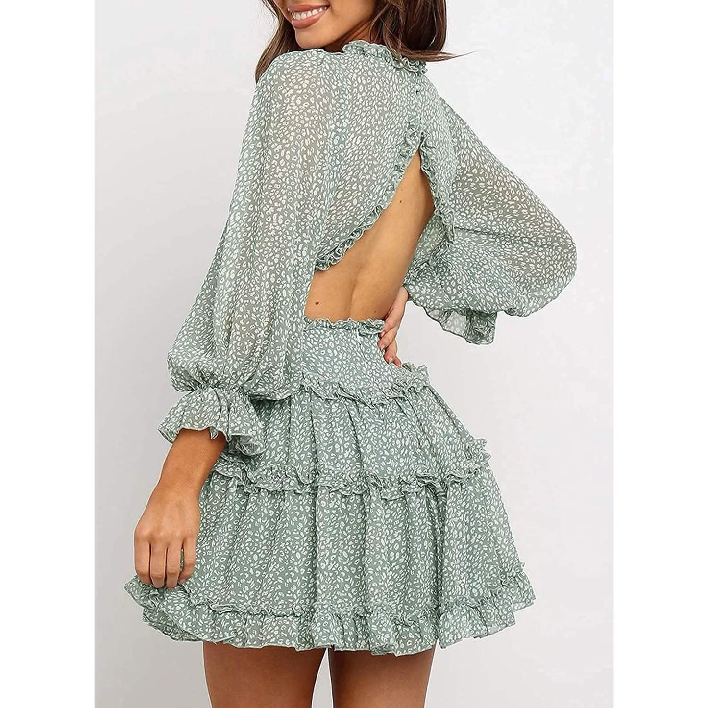 Dokotoo Womens Spring Summer Deep V Neck Ruffle Long Sleeve Floral Print Mini Dress DailySale