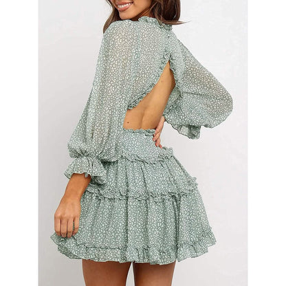 Dokotoo Womens Spring Summer Deep V Neck Ruffle Long Sleeve Floral Print Mini Dress DailySale