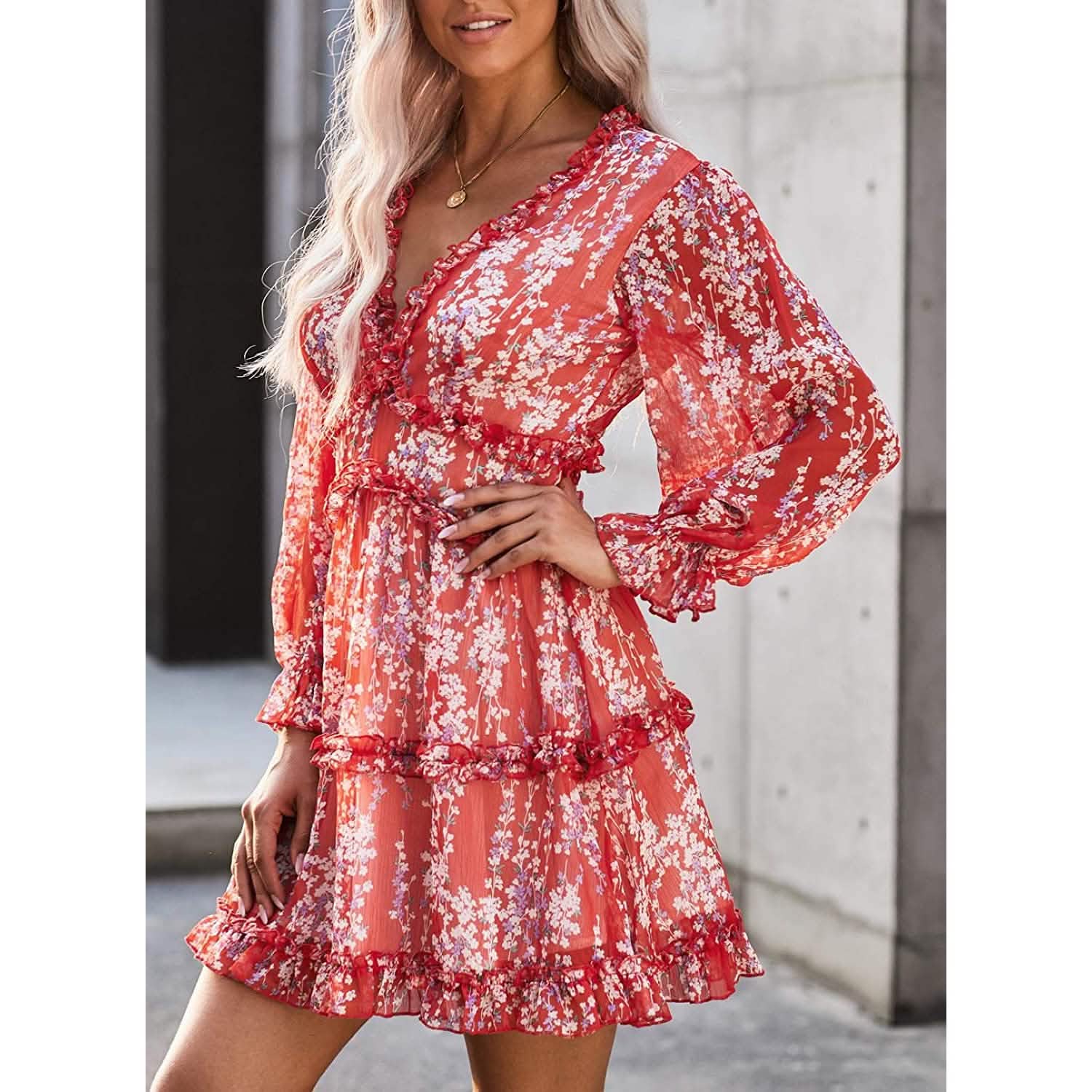 Dokotoo Womens Spring Summer Deep V Neck Ruffle Long Sleeve Floral Print Mini Dress DailySale