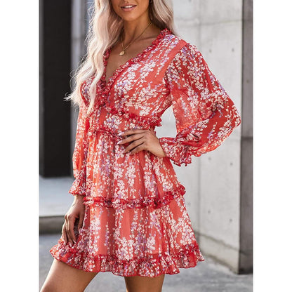 Dokotoo Womens Spring Summer Deep V Neck Ruffle Long Sleeve Floral Print Mini Dress DailySale