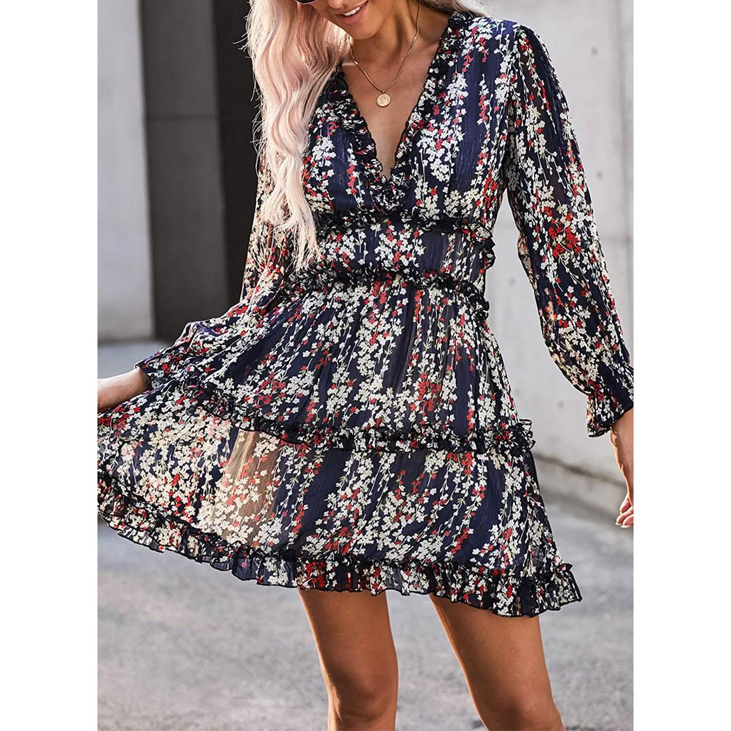 Dokotoo Womens Spring Summer Deep V Neck Ruffle Long Sleeve Floral Print Mini Dress DailySale