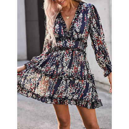 Dokotoo Womens Spring Summer Deep V Neck Ruffle Long Sleeve Floral Print Mini Dress DailySale