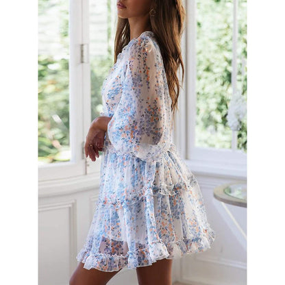 Dokotoo Womens Spring Summer Deep V Neck Ruffle Long Sleeve Floral Print Mini Dress DailySale