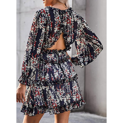 Dokotoo Womens Spring Summer Deep V Neck Ruffle Long Sleeve Floral Print Mini Dress DailySale