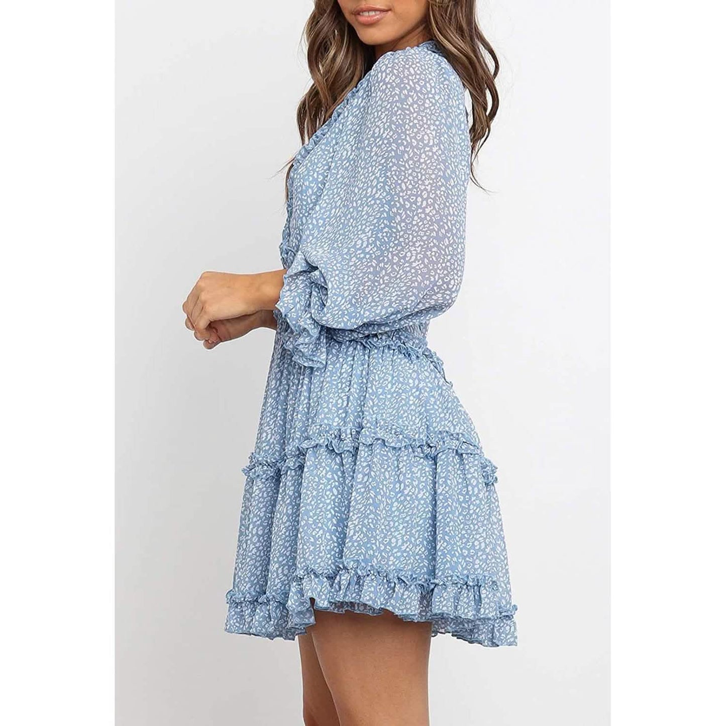 Dokotoo Womens Spring Summer Deep V Neck Ruffle Long Sleeve Floral Print Mini Dress DailySale