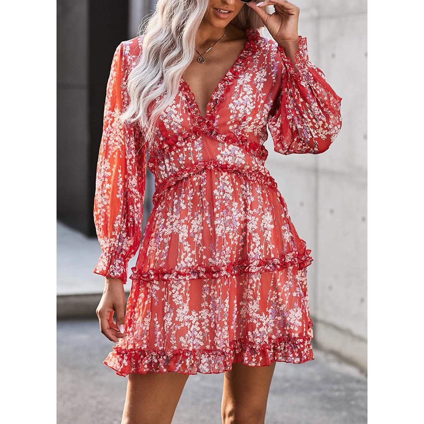 Dokotoo Womens Spring Summer Deep V Neck Ruffle Long Sleeve Floral Print Mini Dress DailySale