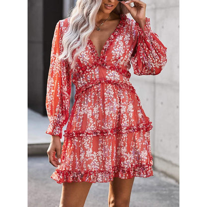 Dokotoo Womens Spring Summer Deep V Neck Ruffle Long Sleeve Floral Print Mini Dress DailySale