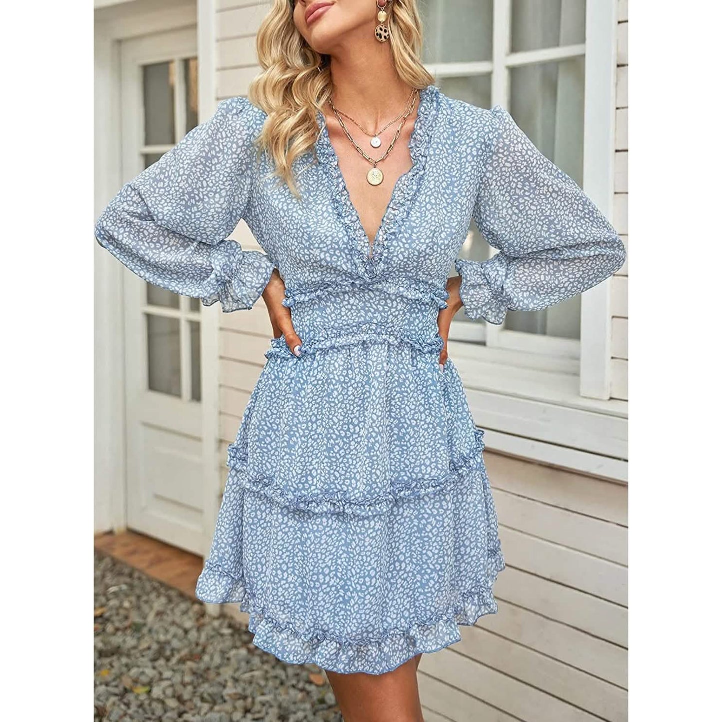 Dokotoo Womens Spring Summer Deep V Neck Ruffle Long Sleeve Floral Print Mini Dress DailySale