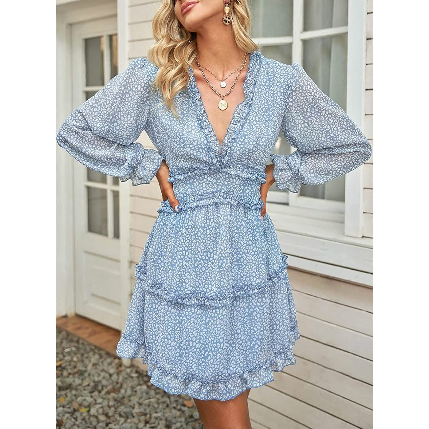 Dokotoo Womens Spring Summer Deep V Neck Ruffle Long Sleeve Floral Print Mini Dress DailySale