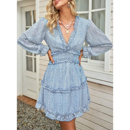 Dokotoo Womens Spring Summer Deep V Neck Ruffle Long Sleeve Floral Print Mini Dress DailySale