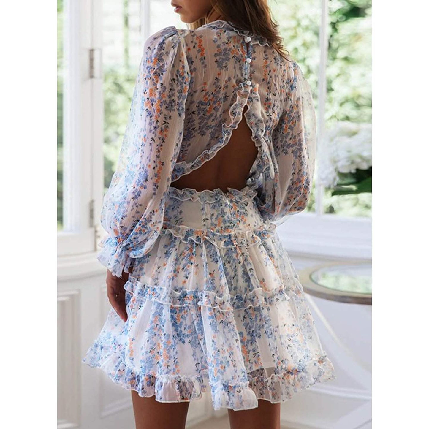 Dokotoo Womens Spring Summer Deep V Neck Ruffle Long Sleeve Floral Print Mini Dress DailySale