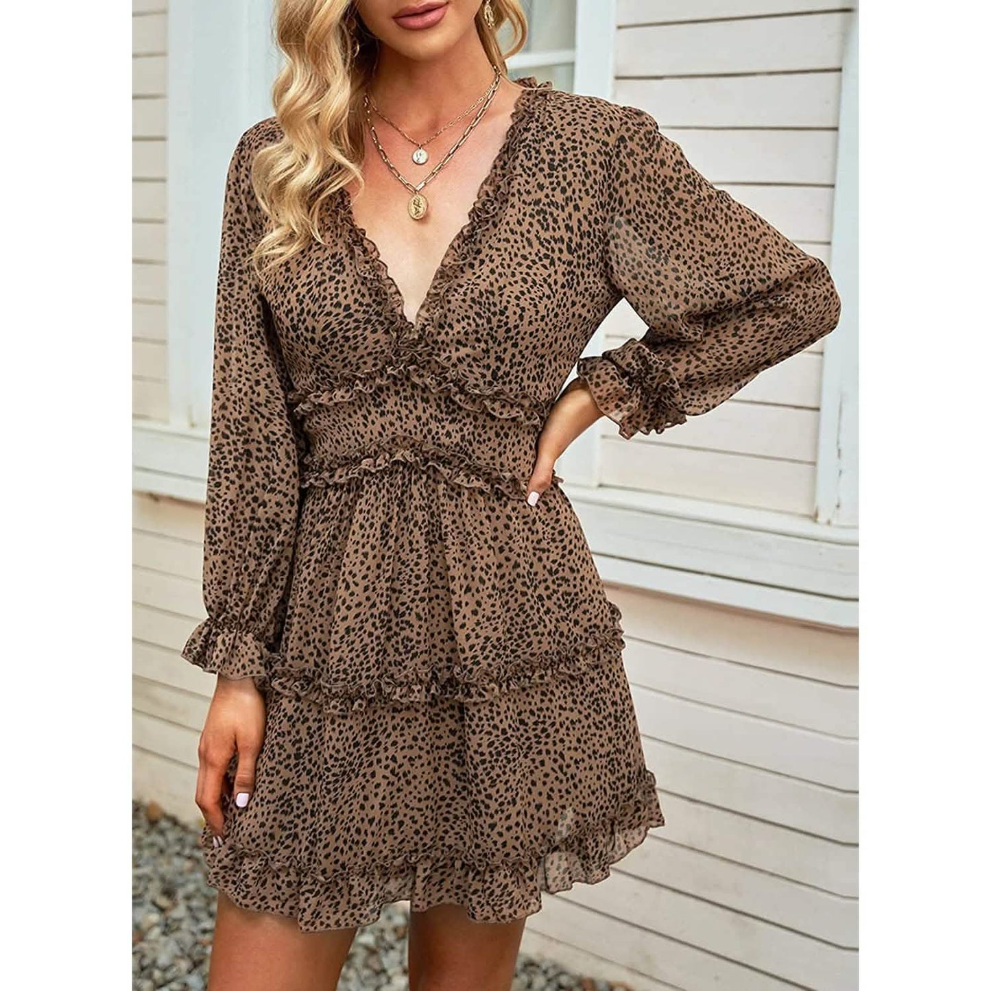 Dokotoo Womens Spring Summer Deep V Neck Ruffle Long Sleeve Floral Print Mini Dress DailySale