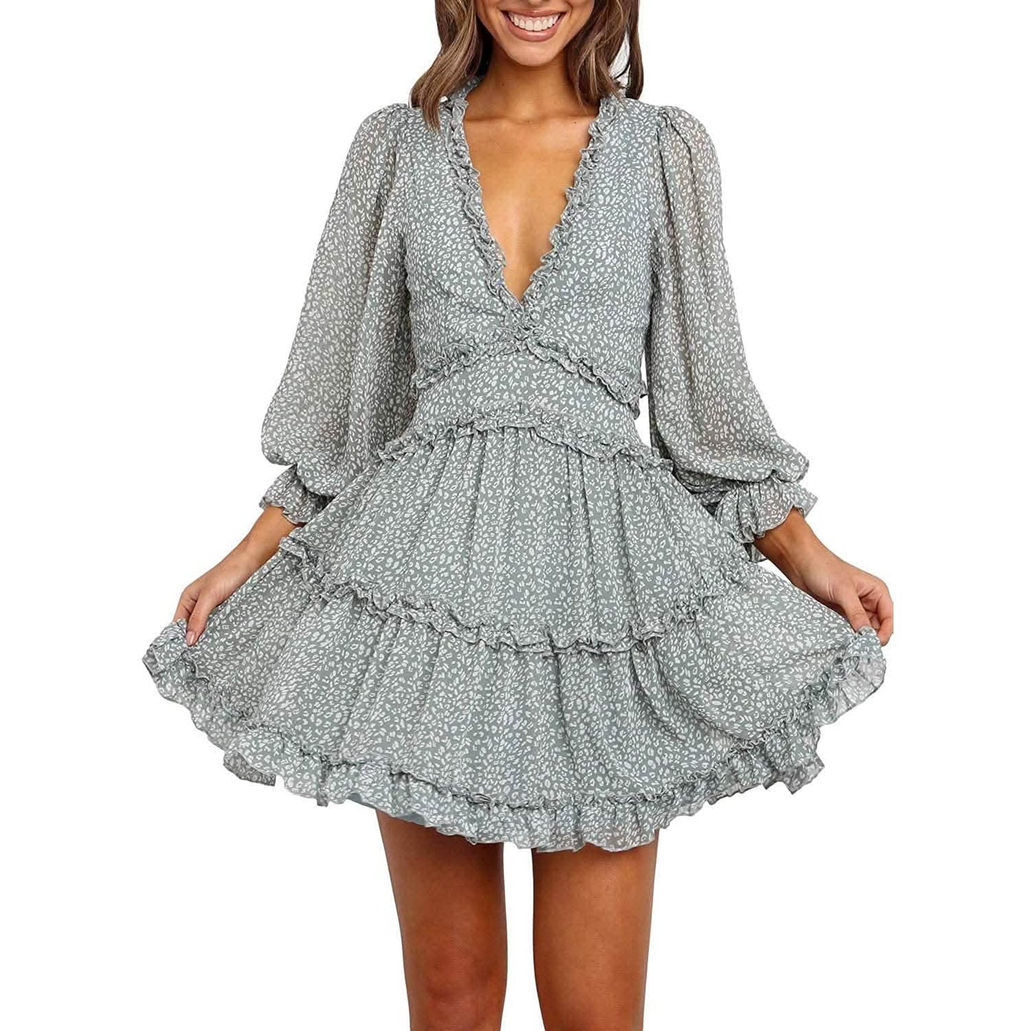 Dokotoo Womens Spring Summer Deep V Neck Ruffle Long Sleeve Floral Print Mini Dress DailySale