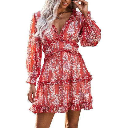 Dokotoo Womens Spring Summer Deep V Neck Ruffle Long Sleeve Floral Print Mini Dress DailySale