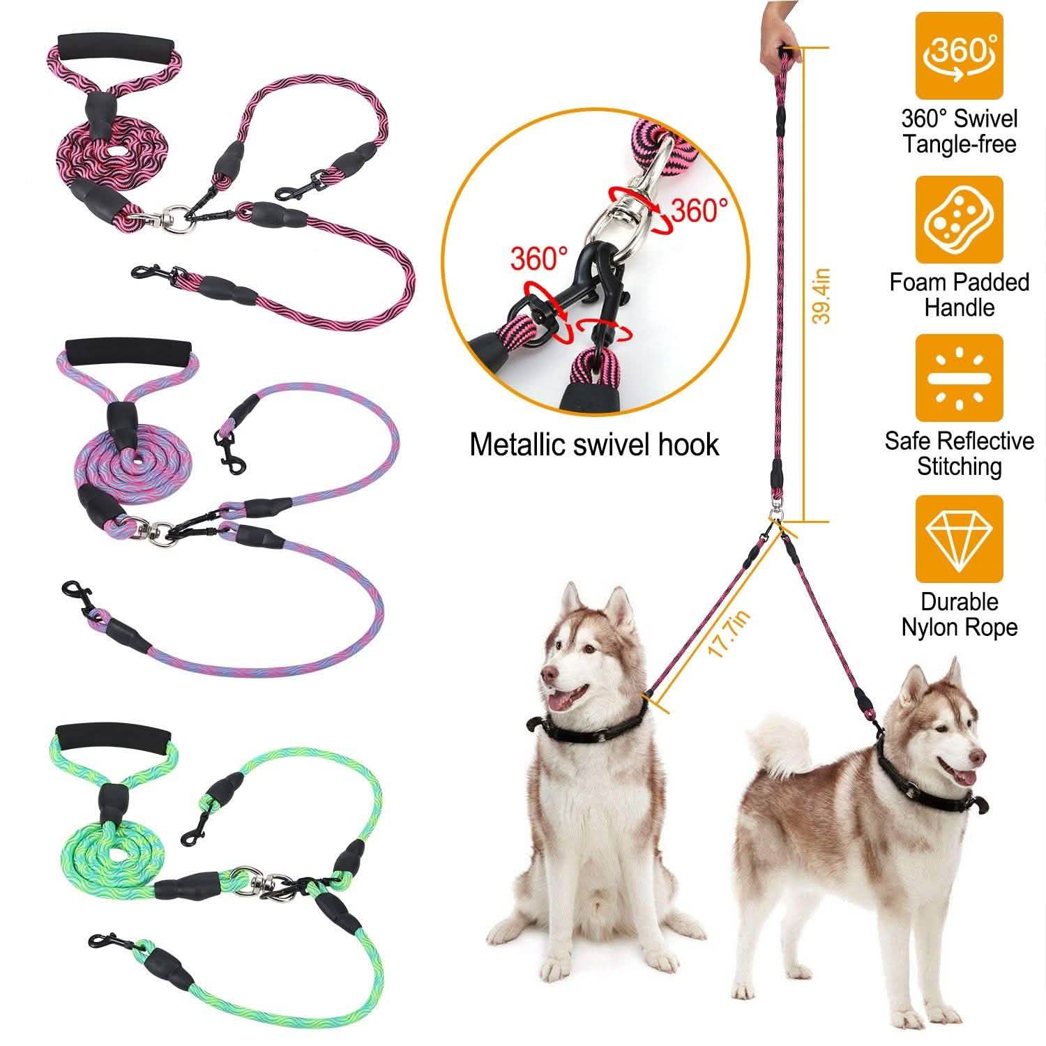 Double Dog Leash No-Tangle with Swivel Coupler Padded Handle DailySale