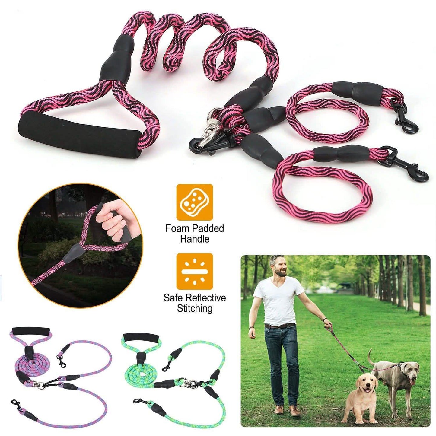 Double Dog Leash No-Tangle with Swivel Coupler Padded Handle DailySale