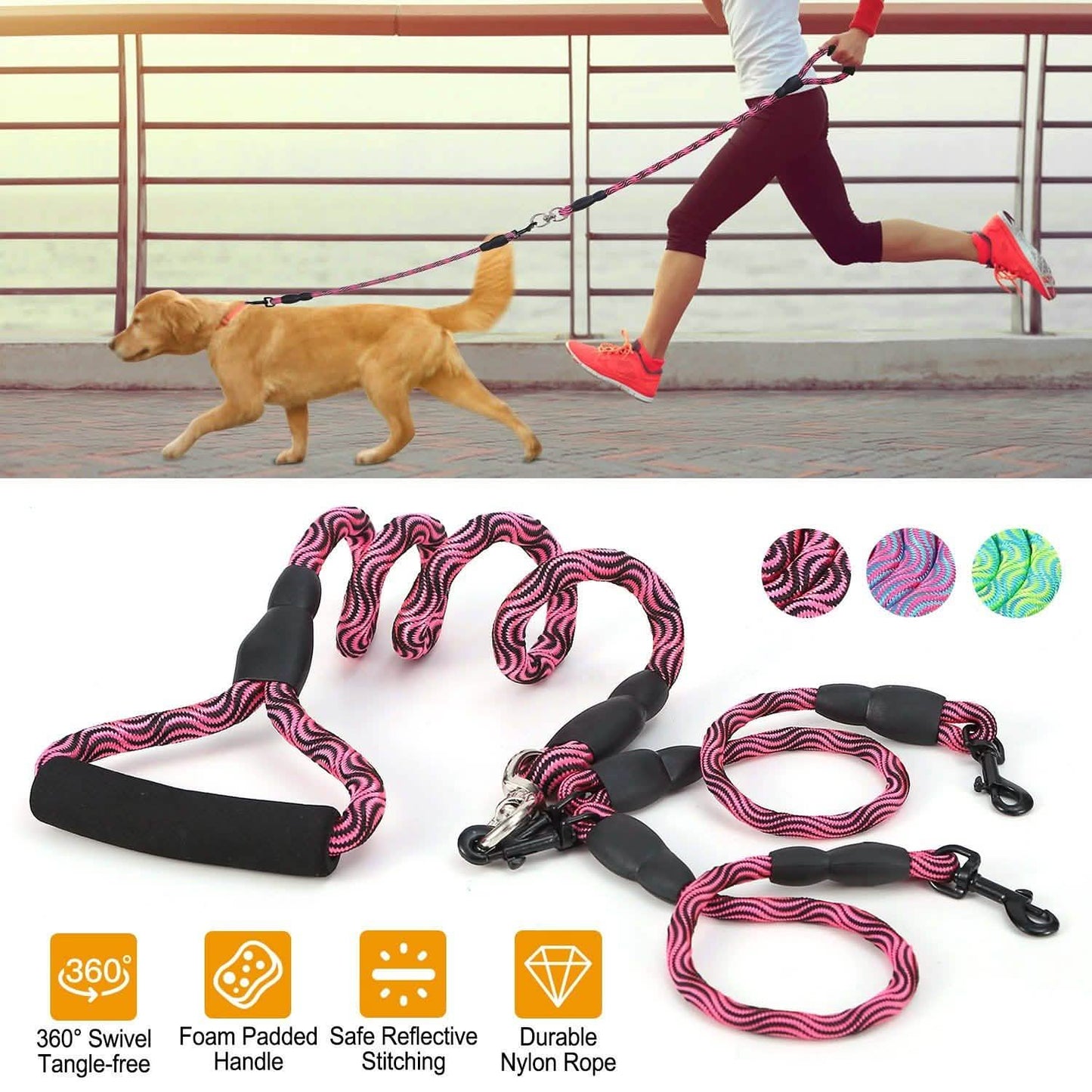 Double Dog Leash No-Tangle with Swivel Coupler Padded Handle DailySale