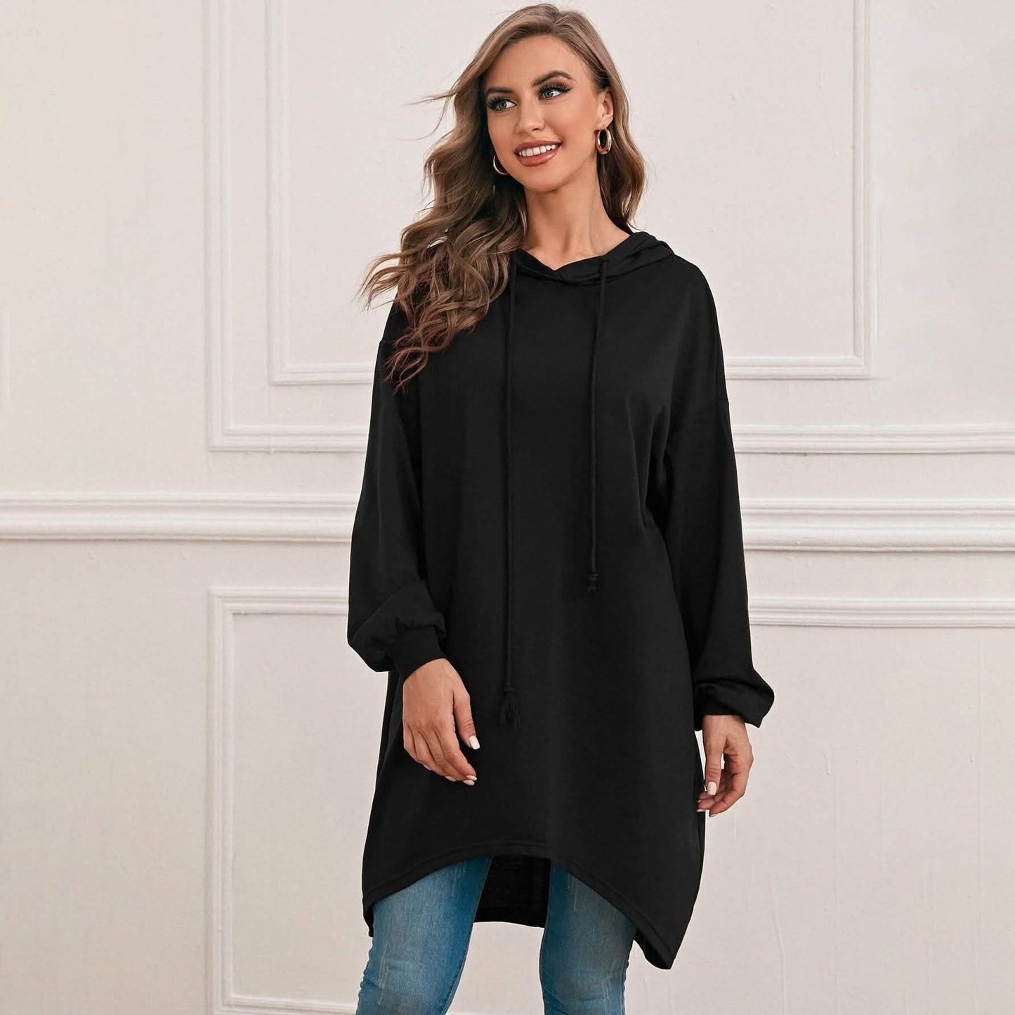 Drop Shoulder Dip Hem Thermal Longline Hoodie DailySale