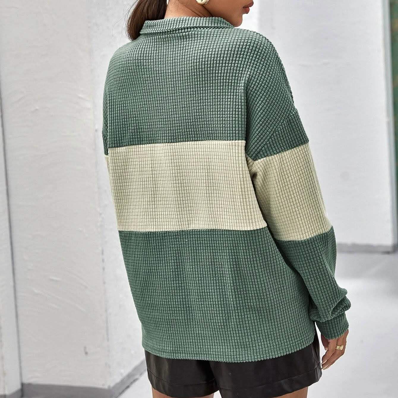 Drop Shoulder Two Tone Textured Half Placket Pullover DailySale