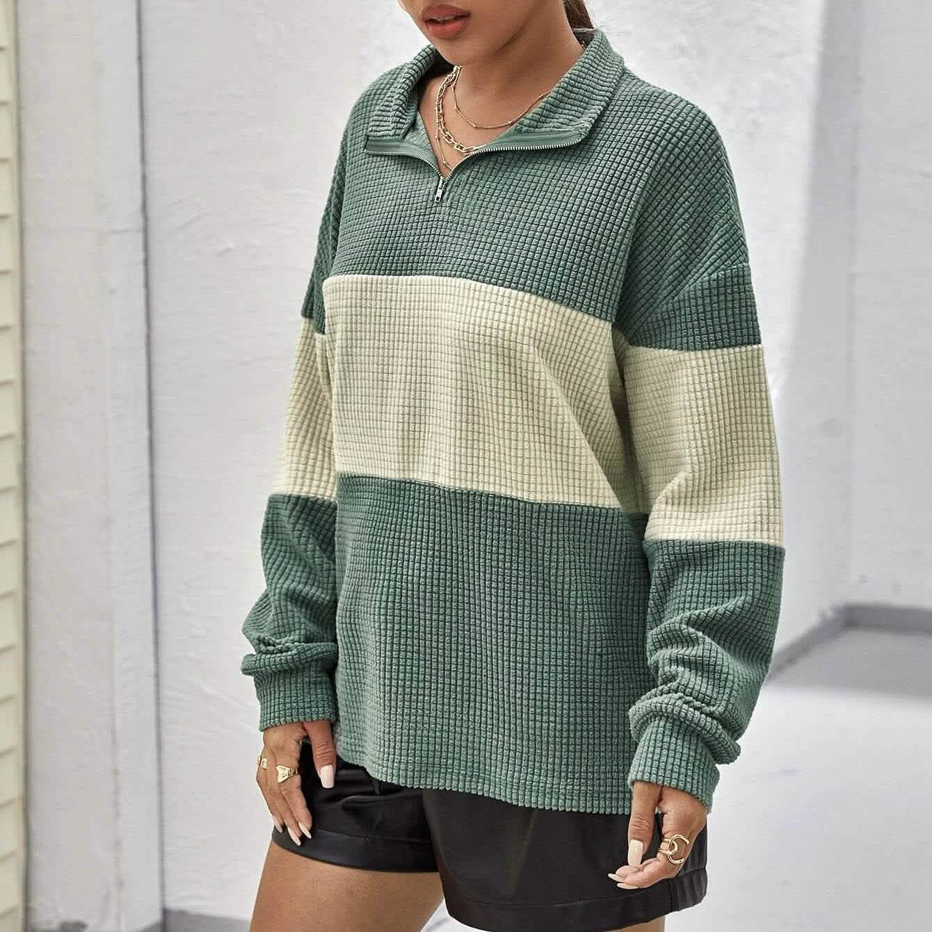 Drop Shoulder Two Tone Textured Half Placket Pullover DailySale