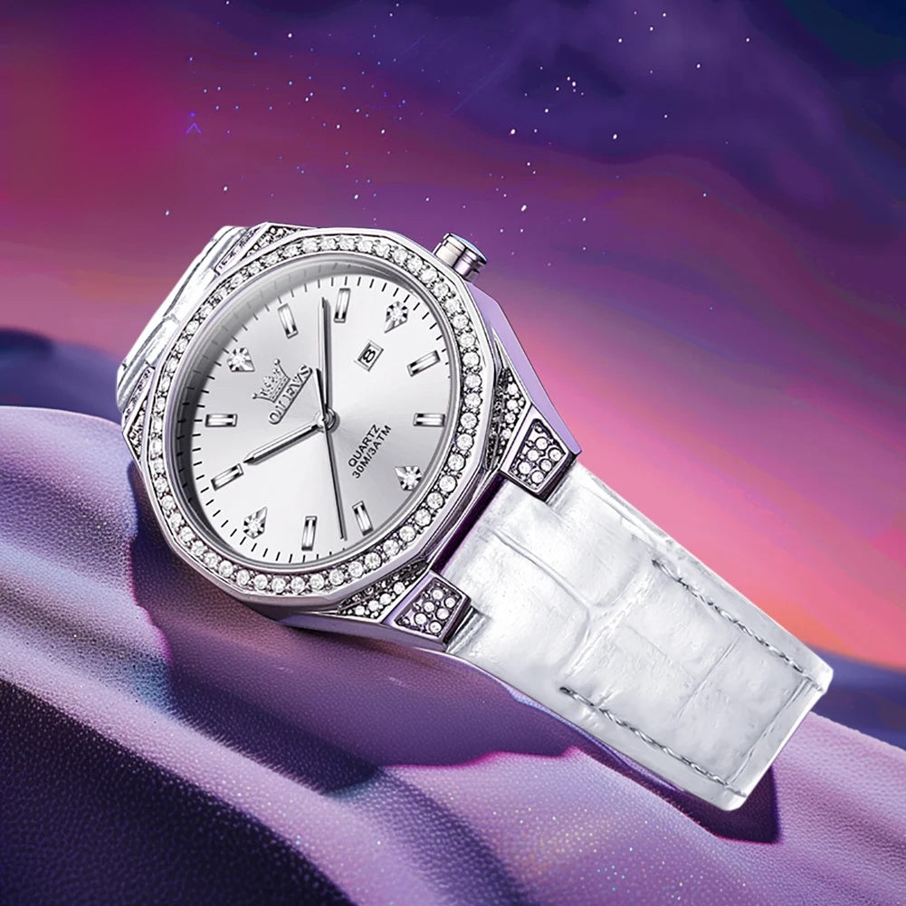 Women's Crystal Bezel White Leather Strap Watch Quartz Date BandsCo Straps