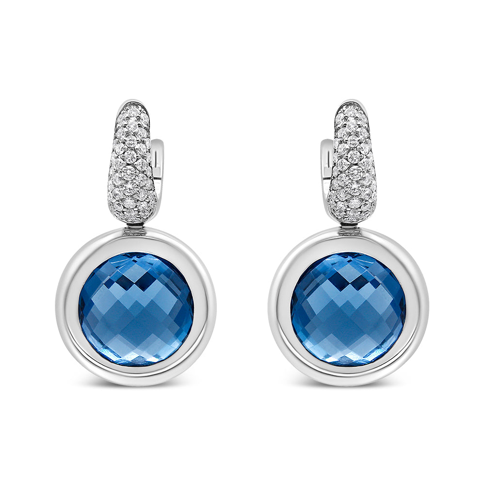 18K White Gold Bezel Set 11mm Blue Topaz and 1/2 Cttw Invisible Set Diamond Bale Dangle Earrings (F-G Color, VS1-VS2 Clarity) Bids.com