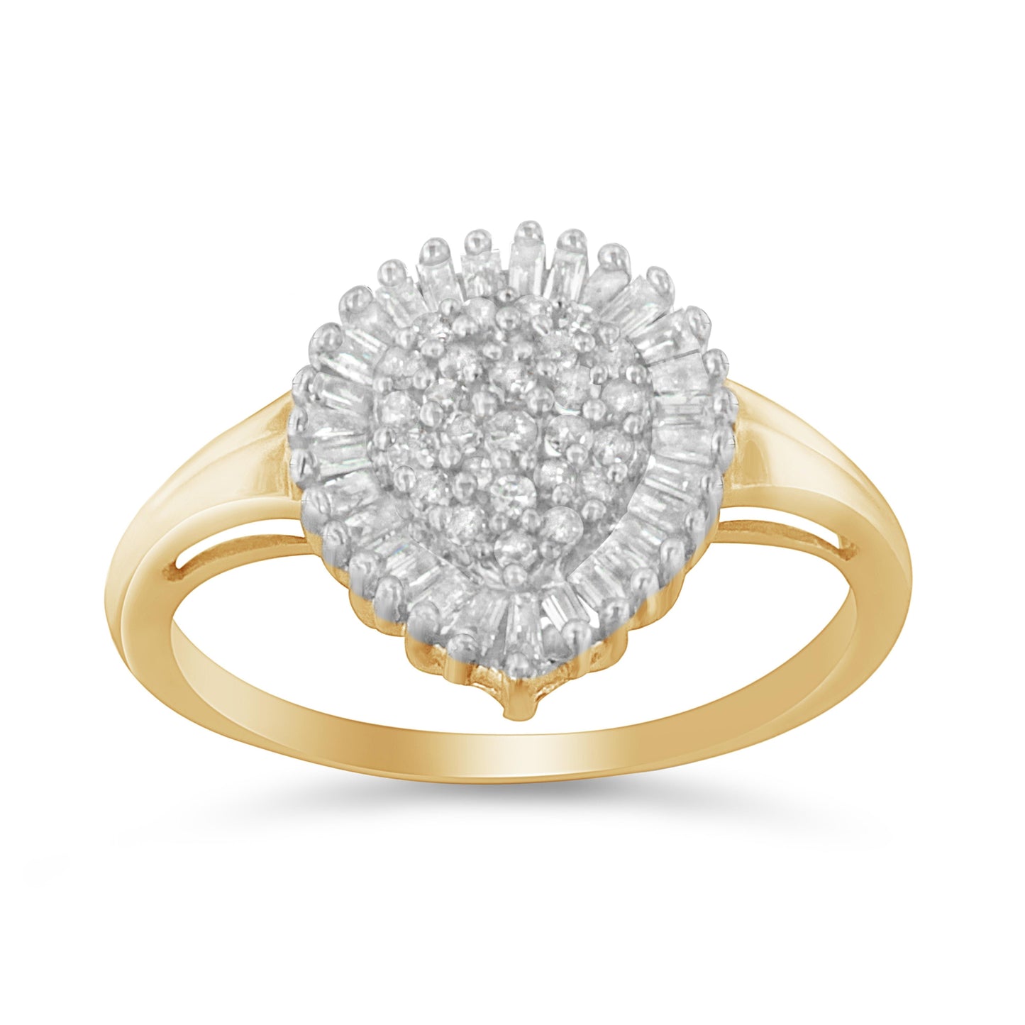 10K Yellow Gold 1/2 Cttw Round & Baguette Cut Diamond Pear Shaped Domed PavÃ© Cluster with Halo Cocktail Ring (J-K Color, I1-I2 Clarity) - Size 4-1/4 Bids.com