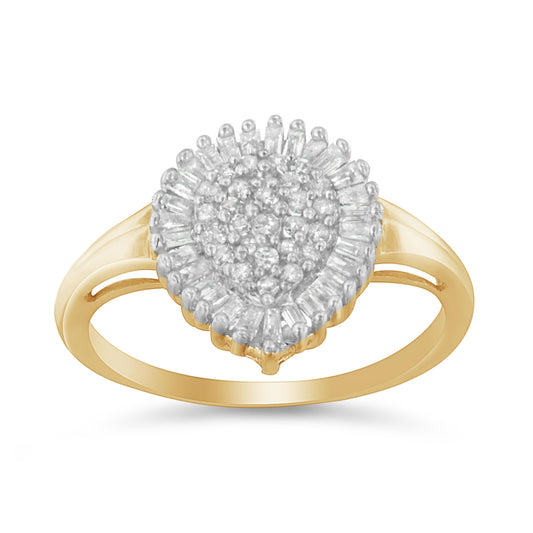 10K Yellow Gold 1/2 Cttw Round & Baguette Cut Diamond Pear Shaped Domed PavÃ© Cluster with Halo Cocktail Ring (J-K Color, I1-I2 Clarity) - Size 4-1/4 Bids.com