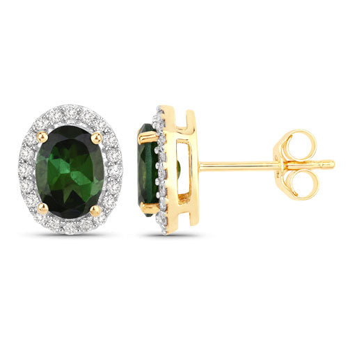 1.92 Carat Genuine Green Tourmaline and White Diamond 14K Yellow Gold Earrings Bids.com
