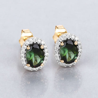 1.92 Carat Genuine Green Tourmaline and White Diamond 14K Yellow Gold Earrings Bids.com