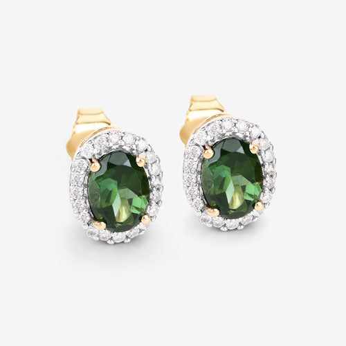 1.92 Carat Genuine Green Tourmaline and White Diamond 14K Yellow Gold Earrings Bids.com