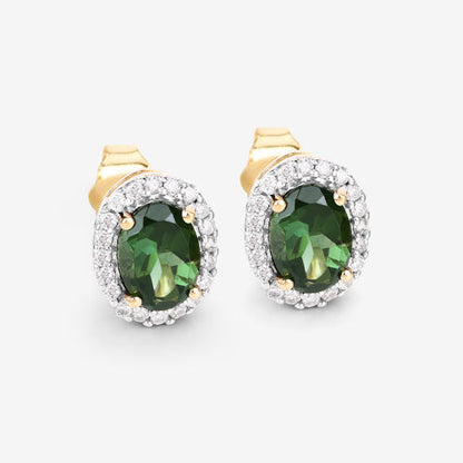 1.92 Carat Genuine Green Tourmaline and White Diamond 14K Yellow Gold Earrings Bids.com