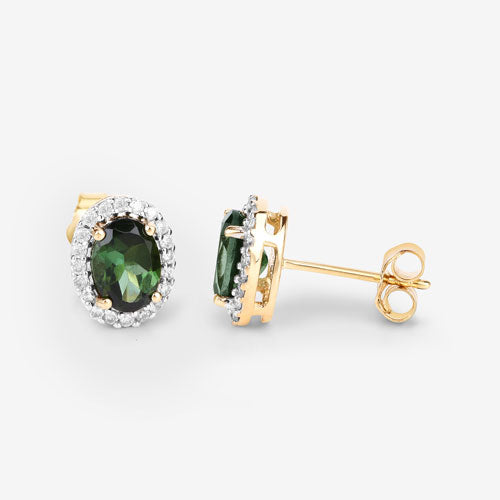 1.92 Carat Genuine Green Tourmaline and White Diamond 14K Yellow Gold Earrings Bids.com
