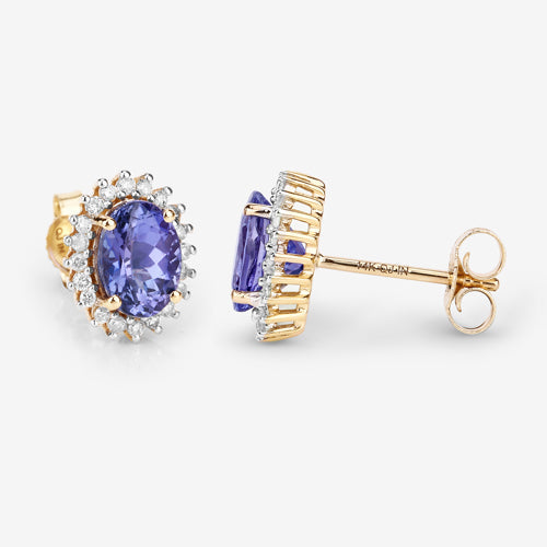 1.71 Carat Genuine Tanzanite and White Diamond 14K Yellow Gold Earrings Bids.com