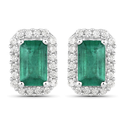 0.91 Carat Genuine Zambian Emerald and White Diamond 14K White Gold Earrings Bids.com