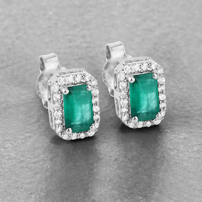 0.91 Carat Genuine Zambian Emerald and White Diamond 14K White Gold Earrings Bids.com