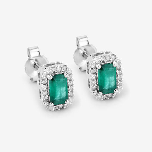 0.91 Carat Genuine Zambian Emerald and White Diamond 14K White Gold Earrings Bids.com