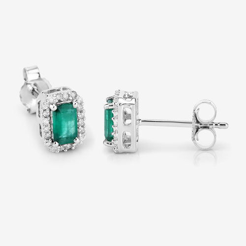 0.91 Carat Genuine Zambian Emerald and White Diamond 14K White Gold Earrings Bids.com