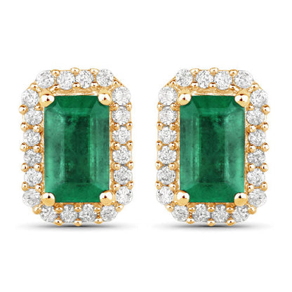 0.91 Carat Genuine Zambian Emerald and White Diamond 14K Yellow Gold Earrings Bids.com