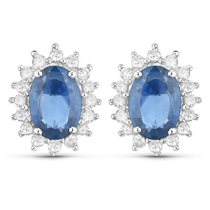 2.22 Carat Genuine Blue Sapphire and White Diamond 14K White Gold Earrings Bids.com