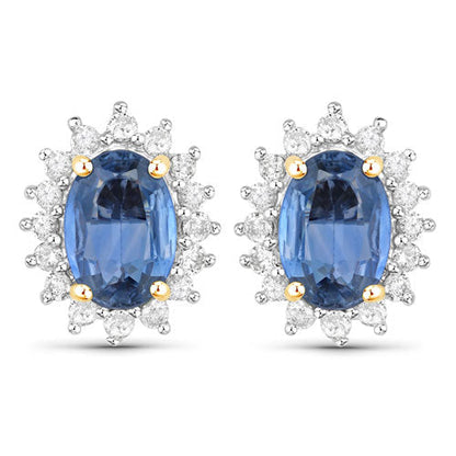2.22 Carat Genuine Blue Sapphire and White Diamond 14K Yellow Gold Earrings Bids.com
