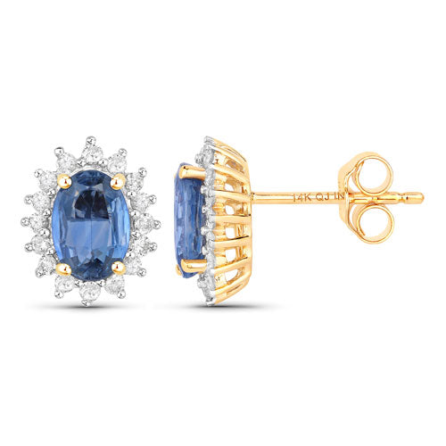 2.22 Carat Genuine Blue Sapphire and White Diamond 14K Yellow Gold Earrings Bids.com