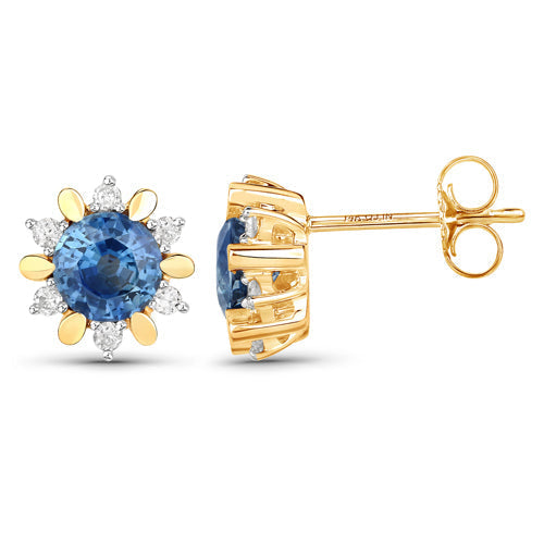 1.87 Carat Genuine Blue Sapphire and White Diamond 14K Yellow Gold Earrings Bids.com