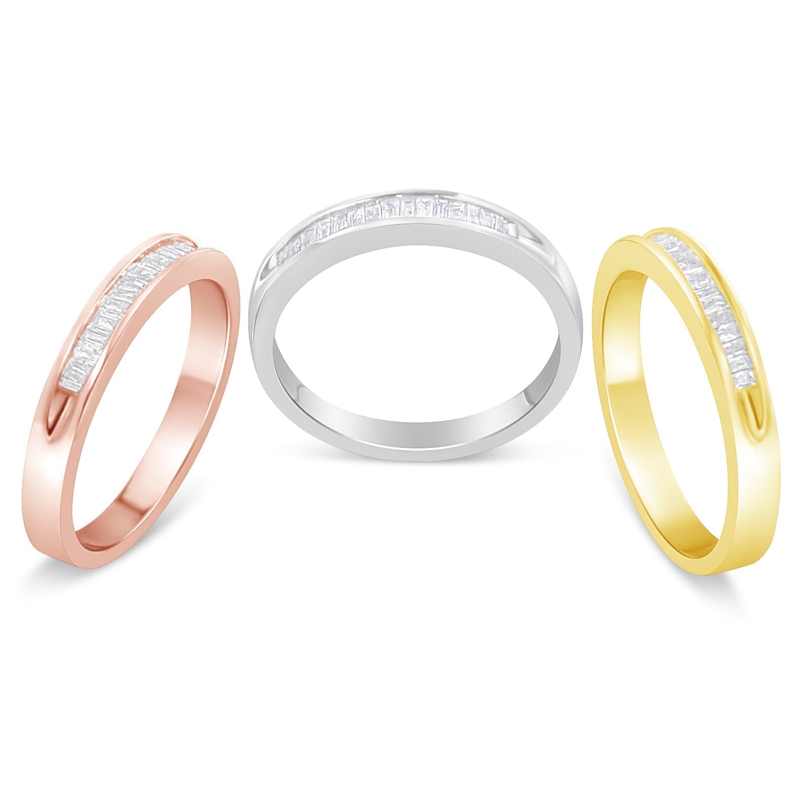 10K Yellow, White and Rose Gold over .925 Sterling Silver 5/8 Cttw Diamond Channel-Set Stackable Band Ring Set (H-I Color, I1-I2 Clarity) - Size 6 3/4 Bids.com