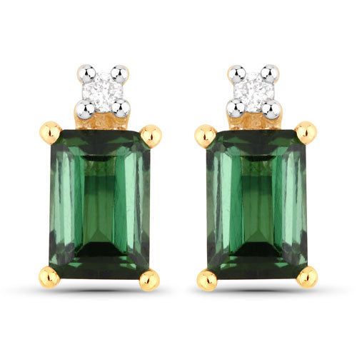 1.24 Carat Genuine Green Tourmaline and White Diamond 14K Yellow Gold Earrings Bids.com