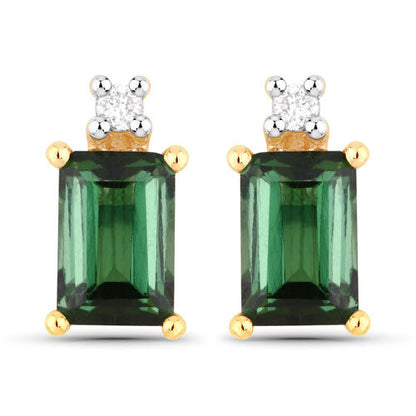 1.24 Carat Genuine Green Tourmaline and White Diamond 14K Yellow Gold Earrings Bids.com
